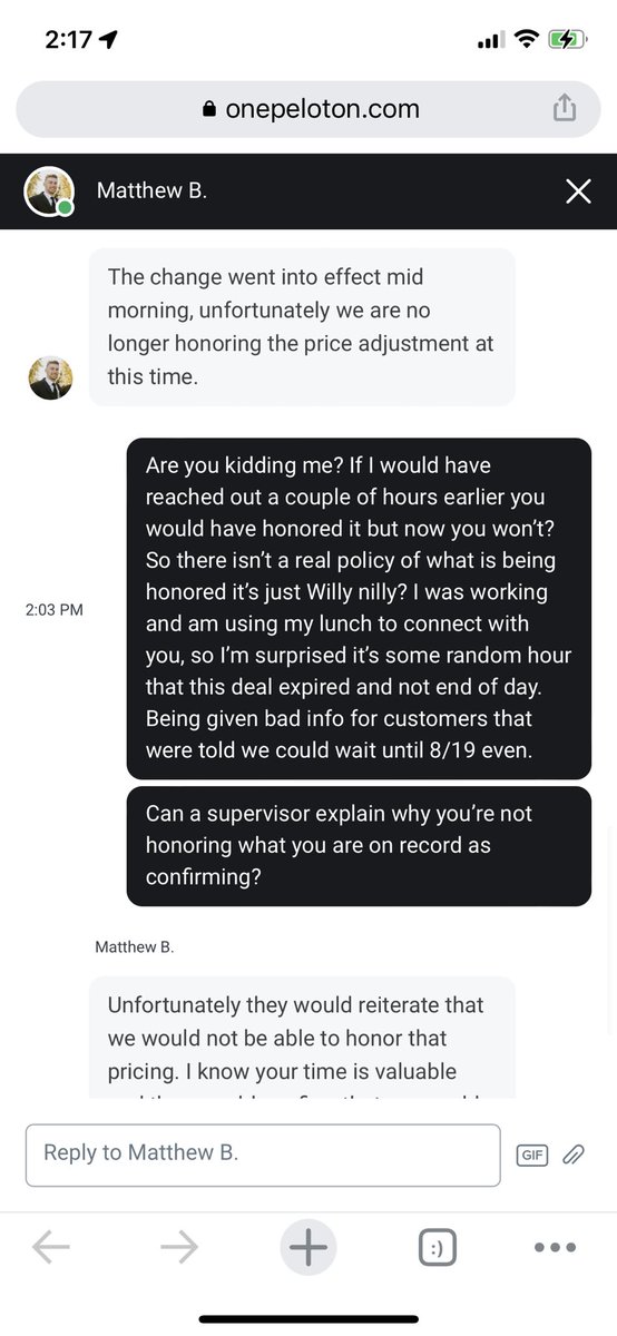 daniglover's tweet photo. @onepeloton decided to not honor their commitment to refund the $800 for the tread for current members if purchased before 8/19. Screen shots confirm their customer service said this. If I would have ordered at 9 today vs 2 they would have honored it? WTF? “Premium brand” my ass. https://t.co/Q80IorWS8T