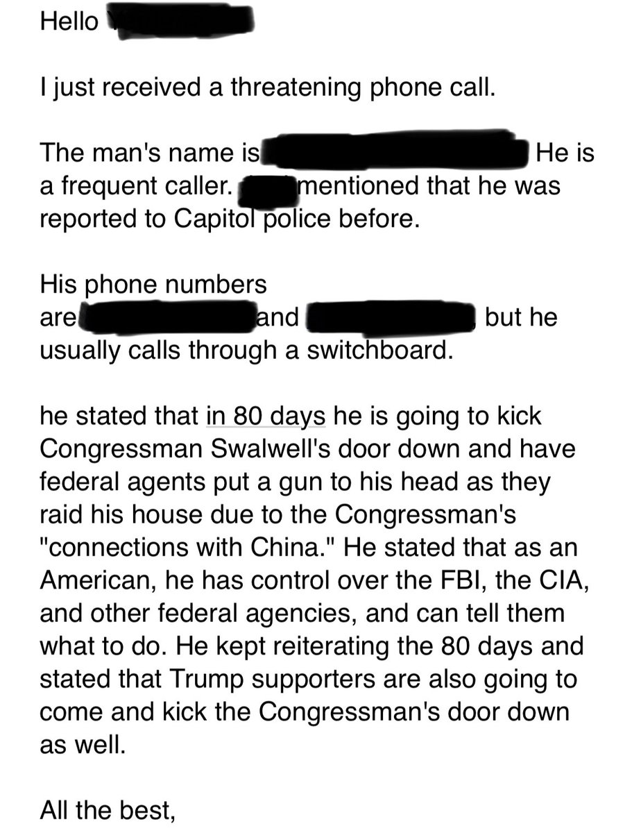 The death threats from MAGA-world are flooding our office. This one was made to a college intern who is working our phones. There is a straight line from the Trump/McCarthy rhetoric to these violent calls. Why won’t they say stop? People are going to get killed.