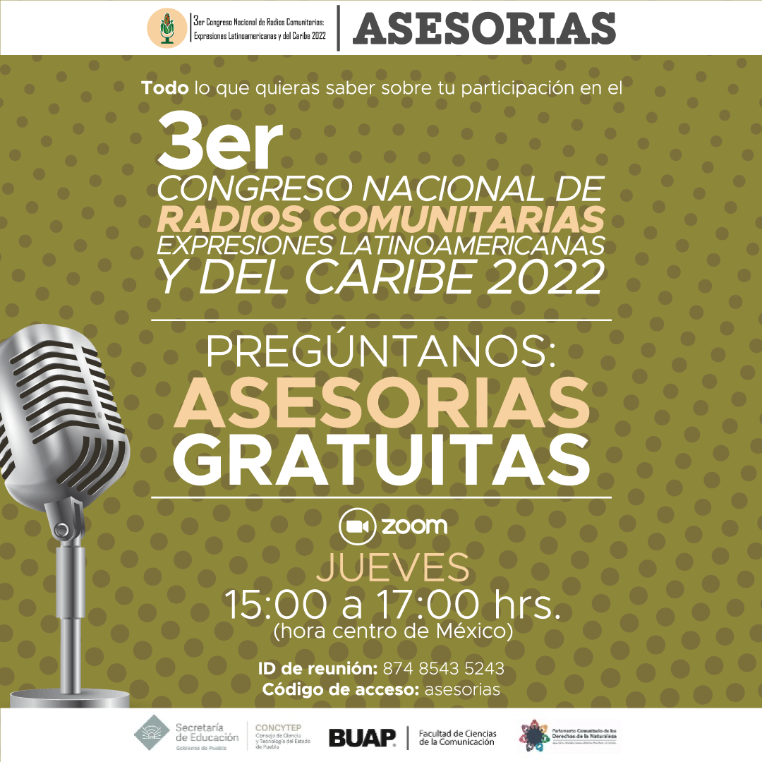 Falta muy poco para el 3er Congreso Nacional de Radios Comunitarias Expresiones Latinoamericanas y del Caribe 2022. Si tienes alguna duda o necesitas saber algo sobre tu participación en el congreso.. ¡PREGÚNTANOS!: ASESORIAS GRATUITAS