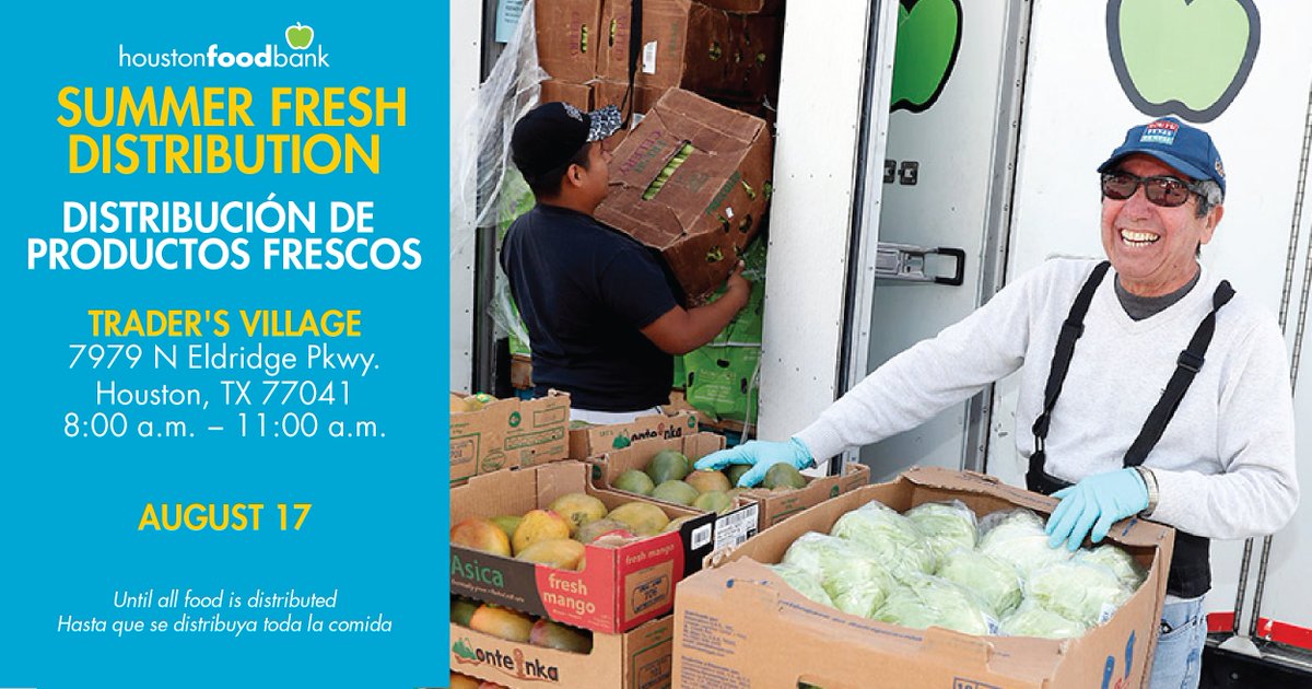 🍉 Houston Food Bank is hosting a fresh food distribution <a href="/Traders_Village/">Traders Village</a> (7979 N Eldridge Pkwy, 77041) on 8/17, 8-11am, or until all food is distributed.

📌 PLEASE NOTE: 
- Event can end when all food has been distributed. 
- Walk-ups welcome 
- Weather permitting