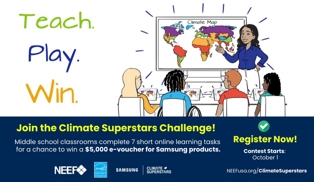 NEEF (National Environmental Education Foundation) (@neefusa) on Twitter photo Calling all #ClimateSuperstars! NEEF has partnered with <a href="/SamsungUS/">Samsung US</a> for another year of our online environmental challenge. Join U.S. middle school teachers and complete climate tasks for a chance to win $5,000 in Samsung classroom technology. Learn more: buff.ly/3yW8YU8 Calling all #ClimateSuperstars! NEEF has partnered with <a href="/SamsungUS/">Samsung US</a> for another year of our online environmental challenge. Join U.S. middle school teachers and complete climate tasks for a chance to win $5,000 in Samsung classroom technology. Learn more: buff.ly/3yW8YU8