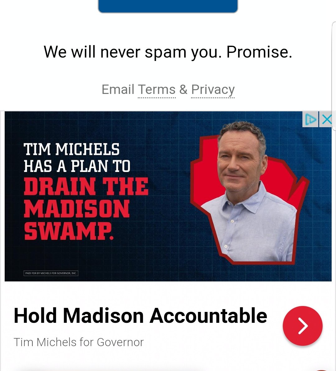 <a href="/jnorcr/">John Norcross 🌹</a> <a href="/michelsforgov/">Tim Michels</a> Have you seen this one ad? Took a screen shot while scrolling through Political Wire. Same ad, same old message since forever. Different face.

This one I don't recognize as a Wisconsinite. Do you?