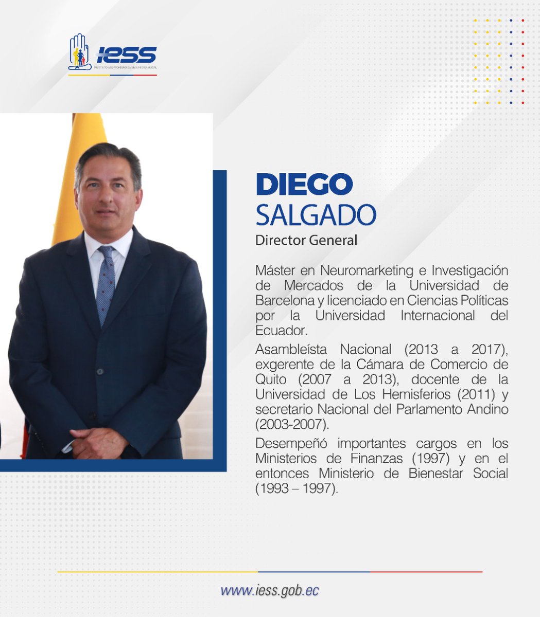 IESSec's tweet photo. Diego Salgado Ribadeneira fue posesionado hoy como nuevo director general del @IESSec, es un profesional con amplia experiencia laboral que se suma al fortalecimiento y manejo transparente de la institución.  #IESSnoPara https://t.co/angflziEO9