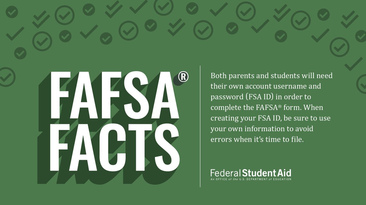 FAFSA's tweet photo. Who needs their own account username and password (FSA ID)?​

✅ You​

✅ Your parent(s)​

Make sure both you and your parent(s) have an FSA ID to sign your FAFSA® form: https://t.co/CjqE4Woy5H https://t.co/unRnkGEww8