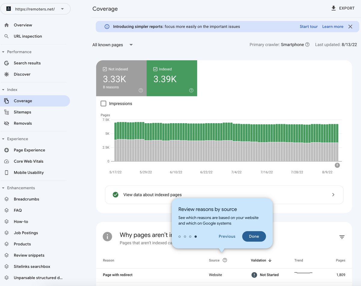 LOVE the new Google Search Console Coverage report, the ability to filter issues by source and the new "improve page appearance" section 👌 Will make it easier to spot issues! Well done <a href="/googlesearchc/">Google Search Central</a> <a href="/danielwaisberg/">Daniel Waisberg</a> 👏