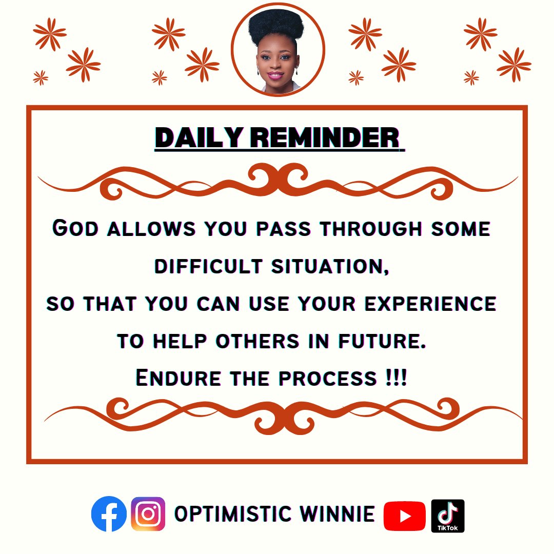 Optimistic_Wini's tweet photo. Rather than complaining about your situation,
Focus on the lesson God is teaching you through it
Someday, your experience will be a guideline for someone else,
And then, you will realize why God allowed you pass through such situation
#OptimisticWinnie #DifficultSituations #Focus https://t.co/1rC39V5Dw3