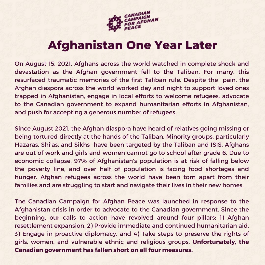 ayedicanada's tweet photo. Statement on the One Year Anniversary of the Taliban Invasion of Afghanistan #Canada4Afghanistan #CCAP #Stand4Afghanistan #SavetheSIM https://t.co/p1Mi9CDaFI