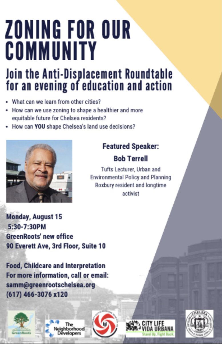 Join the anti-displacement table tonight in Chelsea at 5:30pm; the featured speaker will be Bob Terrell from Tufts and lifelong Roxbury resident; one of our Northside organizers will be there in case you want to talk and connect towards the end. #HousingJustice #WorkingClassPower