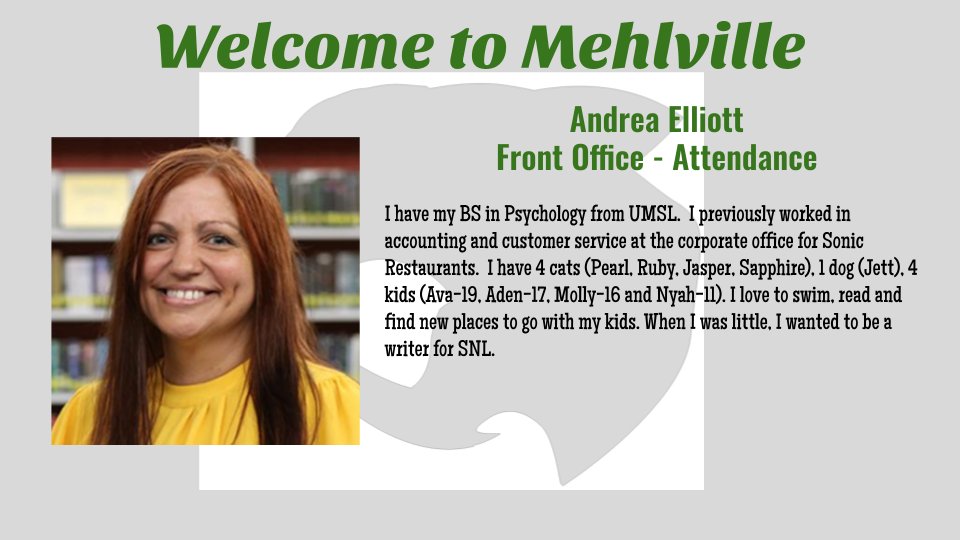 Mehlville_HS's tweet photo. Welcome Mrs. Elliott! #WelcometoMHS #WeAreMehlville #MSDR9 https://t.co/Oo40iM8UMM