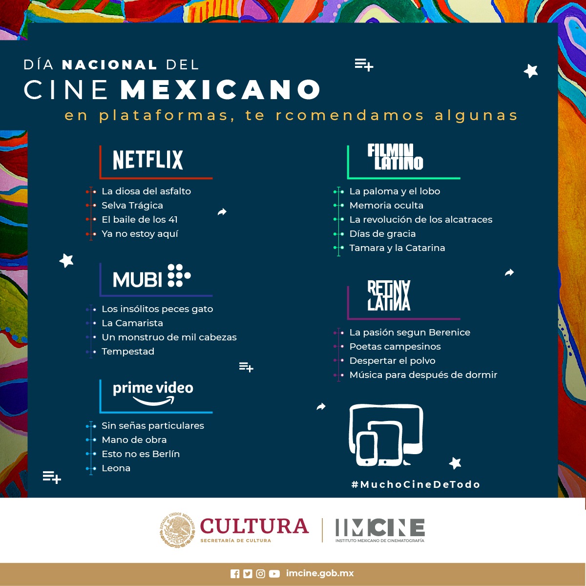 imcine's tweet photo. #MuchoCineDeTodo en todas las pantallas 🤩

Te recomendamos varias películas mexicanaspara ver en @NetflixLAT, @mubimexico, @filminlatino, @RetinaLatina y @PrimeVideoMX. ¿Cuál verás primero?

#DiaDelCineMexicano https://t.co/QfONqlKlsk