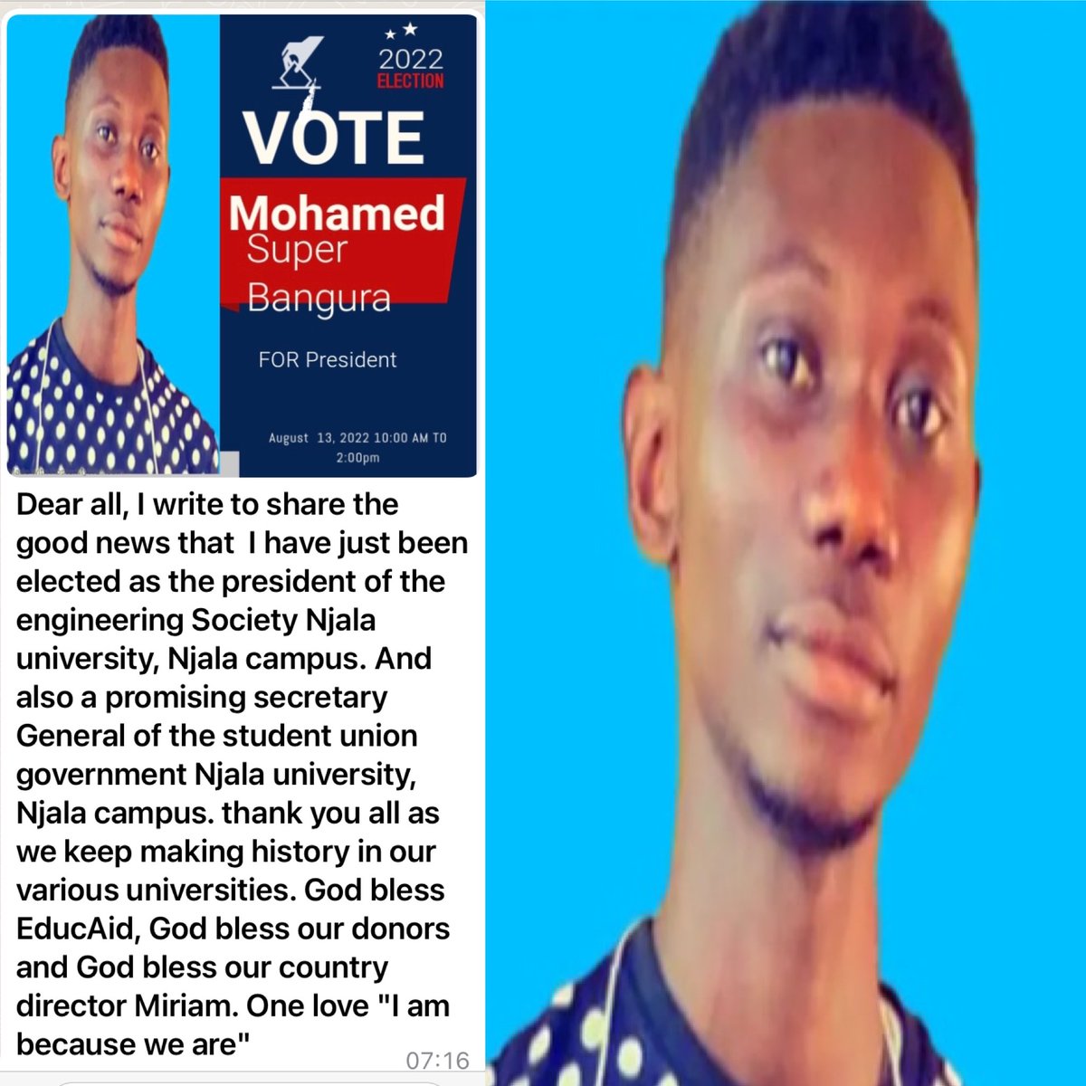 EducAidSL's tweet photo. Proud moment! More #EducAidAlumni making a difference in #SierraLeone 🇸🇱. Big congratulations to Mohamed elected as President of the student Engineering Society @UniversityNjala #EducAidFamily #EducAidAlwaysLeading #EducAidAlwaysLearning https://t.co/NI8xSESijk