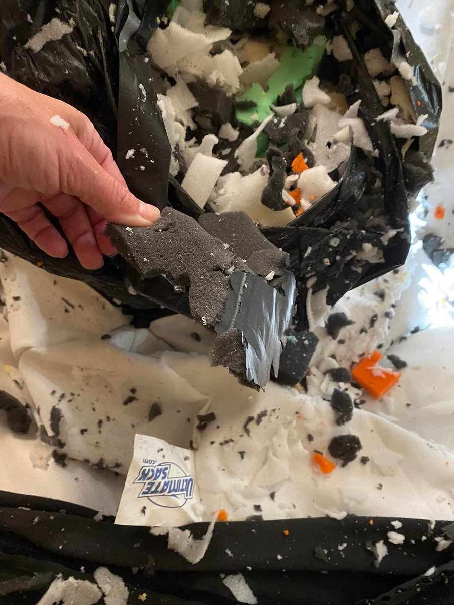 PRiSMBrand's tweet photo. This is the foam scrap inside my 4 "memory foam" @ultimatesack chairs &amp; ottomans. 10+bags filled with this uncomfortable crap that I can't find any recycling house to take. Waste of $, time to remove, more $ to replace with beans, and MORE $$ to dispose of. #dontbuy #ultimatesack https://t.co/xa1GrAy4Ui