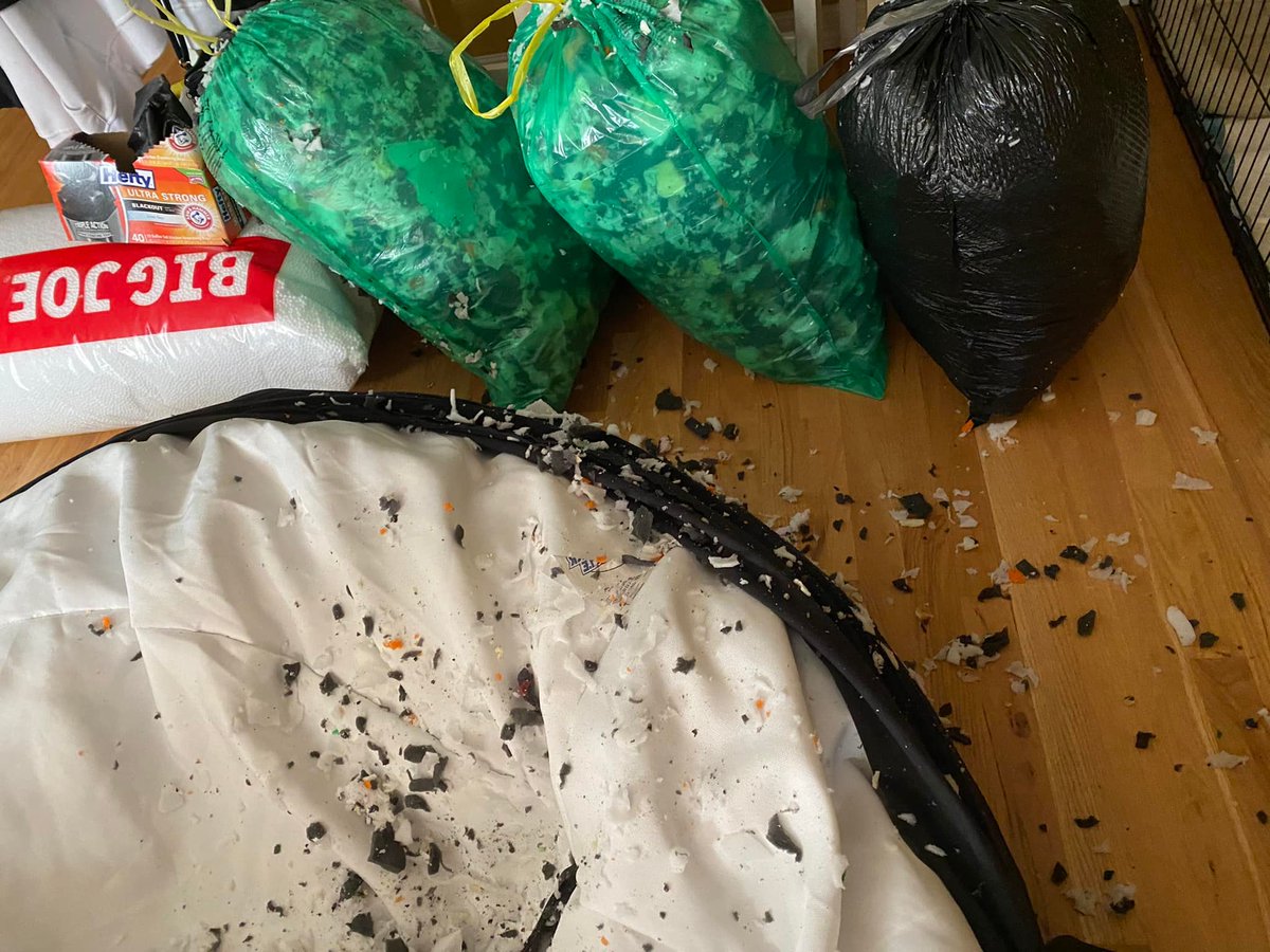 PRiSMBrand's tweet photo. This is the foam scrap inside my 4 "memory foam" @ultimatesack chairs &amp; ottomans. 10+bags filled with this uncomfortable crap that I can't find any recycling house to take. Waste of $, time to remove, more $ to replace with beans, and MORE $$ to dispose of. #dontbuy #ultimatesack https://t.co/xa1GrAy4Ui