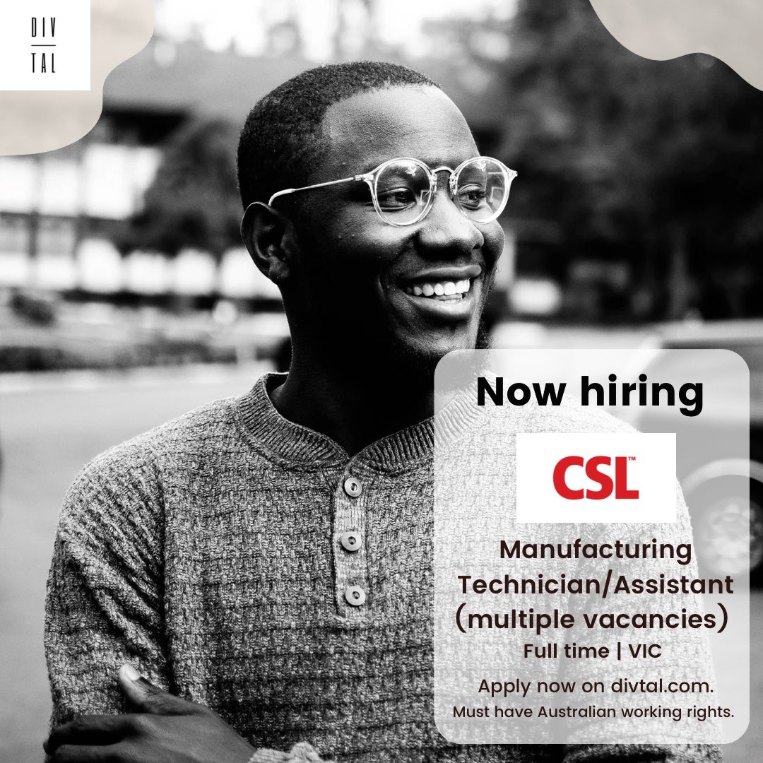 We have new opportunities with CSL! ✨

A global organisation that embraces diversity and inclusion. 

Manufacturing, visual inspection or packaging experience? Apply today! divtal.com/job/manufactur…

#nowhiring #inclusiveemployer #csljobs