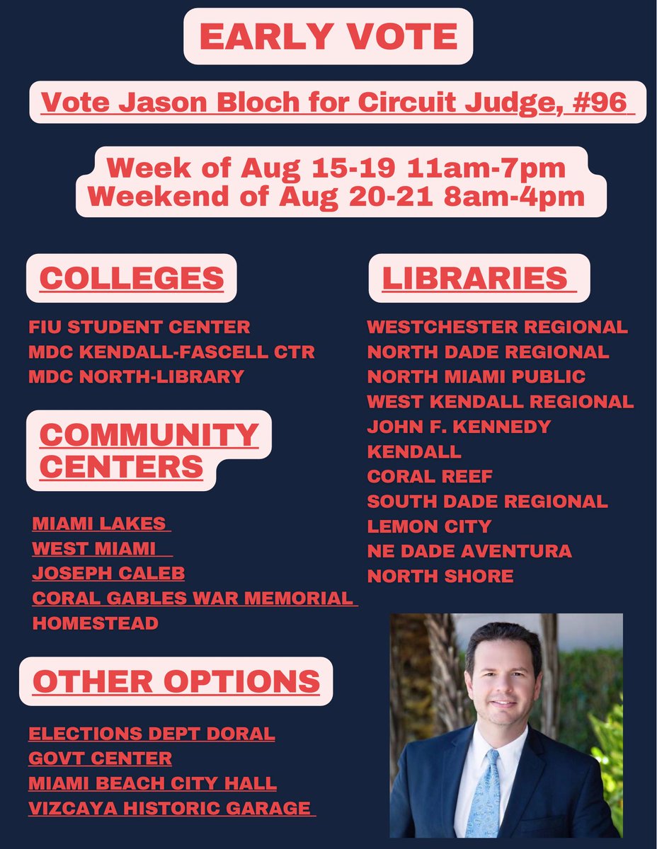 jasonbloch305's tweet photo. Early Vote Jason Bloch for Miami-Dade Circuit Judge, #96. 

•Vote at all any location
•No lines
•No waiting 

Endorsed by
#MiamiHerald
#TheMiamiTimes #MiamiCommunityNews #PoliticalCortadito #TrueHomesteadNews #UnitedTeachersOfDade
#SAVE
#LeagueOfProsecutors
#Emgage &amp; more! https://t.co/ZABNndxr2y
