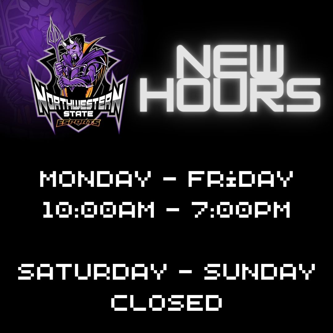 Attention Demons! The NSU Esports Venue has new hours effective today, 8/15/2022! We are looking forward to seeing you here whether it be for Tournament Thursdays or casual gaming in between classes! 

#nsula #nsuesports #forkemdemons #esports #gaming