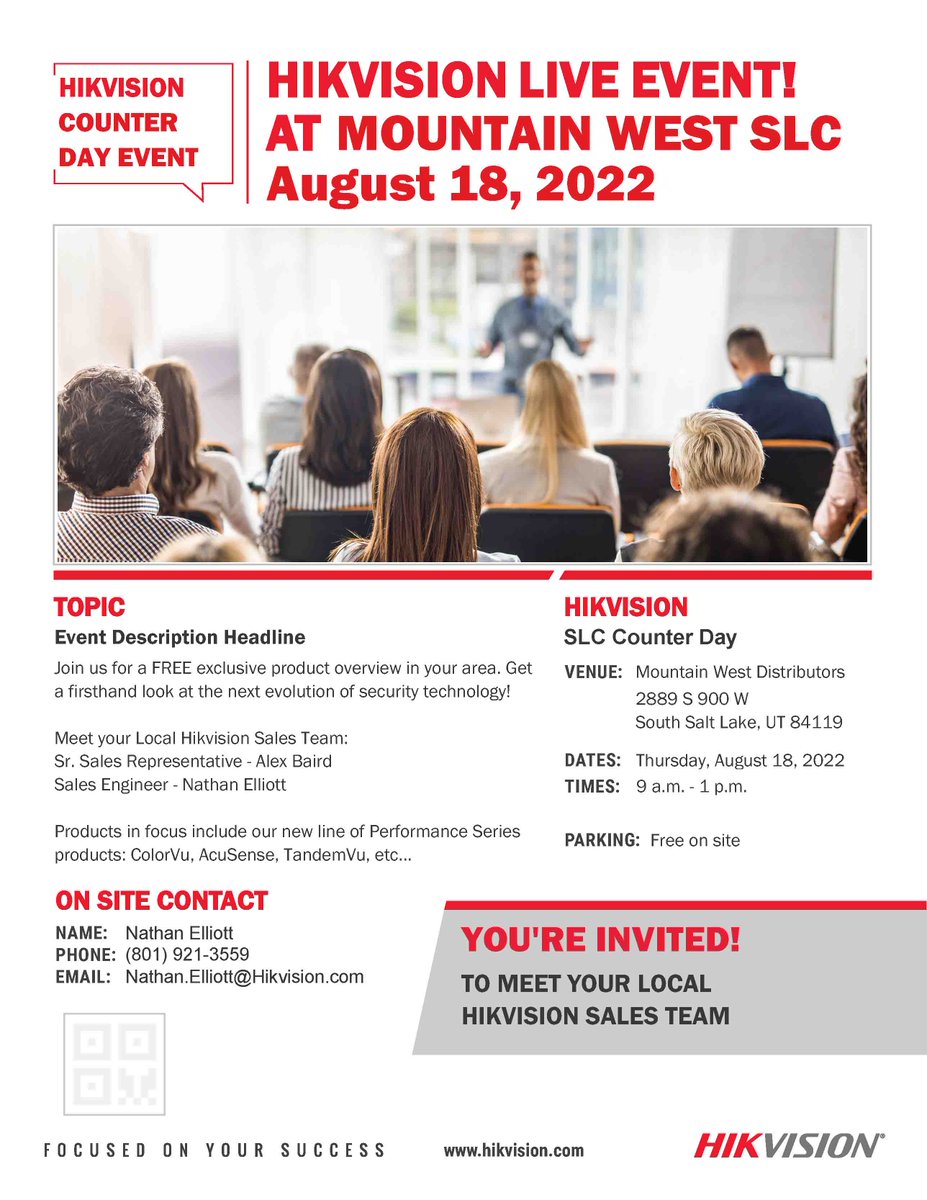 HikvisionUSAinc's tweet photo. Contact your #Hikvision Sales Representative today to reserve your spot for this limited time event at Mountain West Salt Lake City, UT. Come get an exclusive firsthand look at the next evolution in security technology. Download the flyer now to learn more! #counterdays https://t.co/IrhZSMYfXf