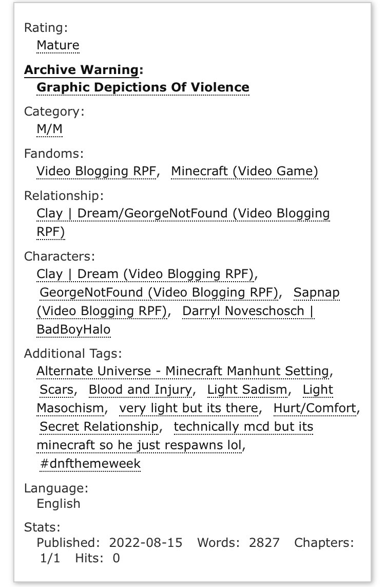 snowdreamr's tweet photo. / dnf, dreamnotfound

‘in your pain lays my victory’

— 2.8k words 
— 1/1, mature (violence)
— manhunt setting

! #dnfthemeweek — day 2: characters.

<3 #dnf #dnffanfic #dreamnotfound 
🔗 https://t.co/wTy2PLRa71

rts and kudos are very much appreciated :) https://t.co/e3tNV0CEfI