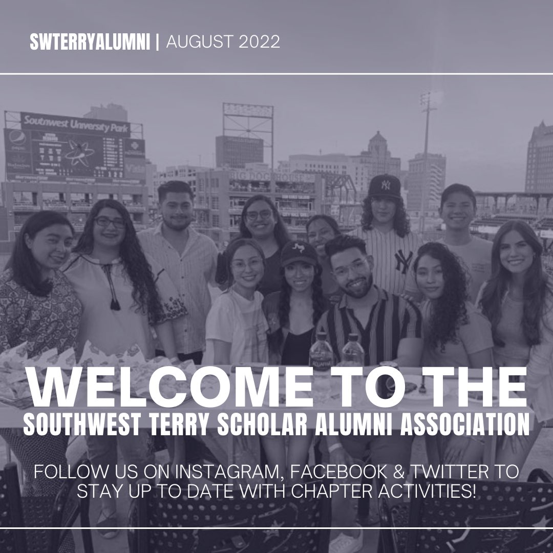SWTerryAlumni's tweet image. Welcome to the official Southwest Terry Scholar Alumni Association’s Twitter! 
•
Follow our page and other social media accounts @SWTerryAlumni to stay up to date with the chapter’s activities! Go Terrys! ⭐️