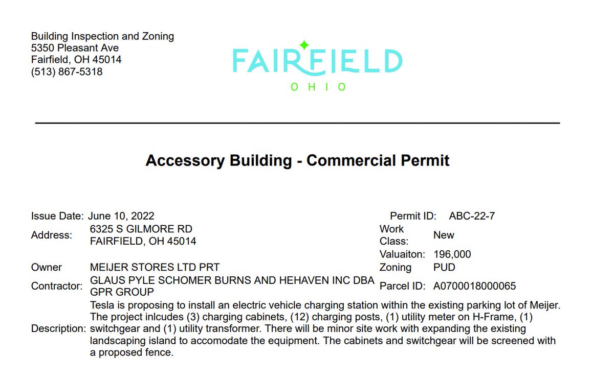 MarcoRPi1's tweet photo. A new Supercharger is coming soon to Fairfield, Ohio!! 

Permits have been issued for a 12-stall location at the Meijer off I-275 https://t.co/XuwD2xoaZr