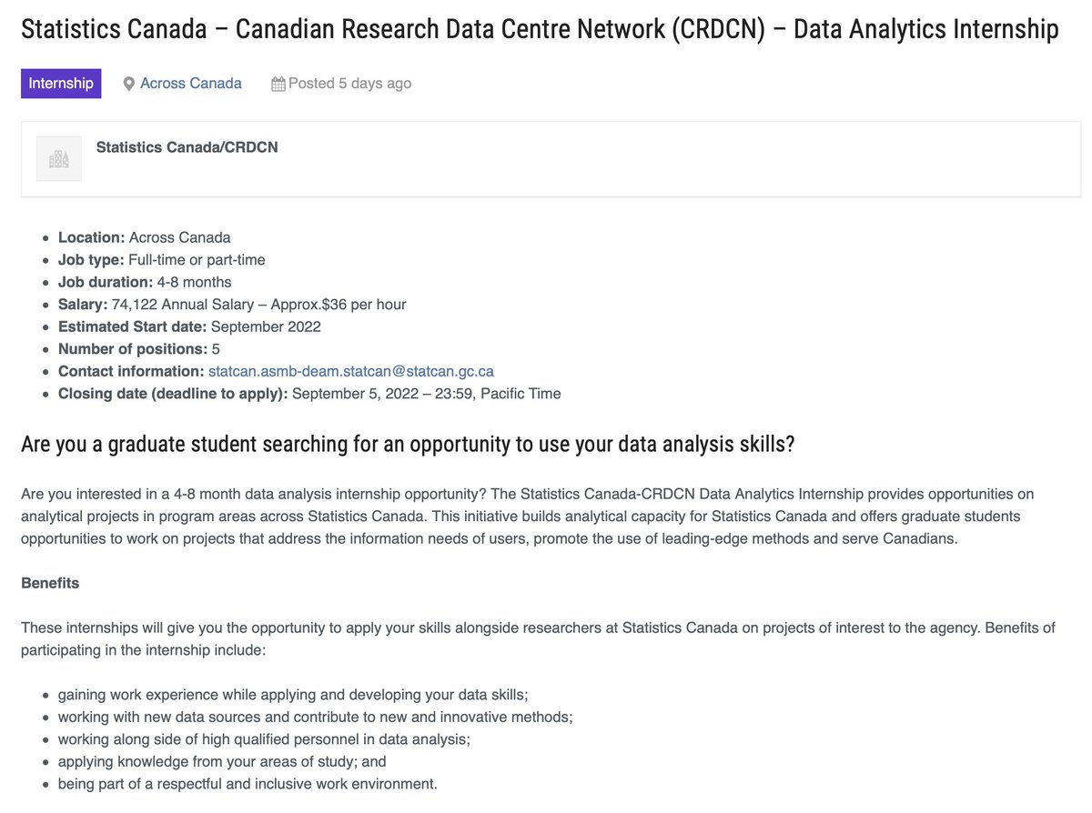 kaitlynmwerner's tweet photo. Attention grad students! Are you interested in learning more about data science jobs in the Canadian government? Check out this internship opportunity at Statistics Canada! Internships available across Canada and for several programs (e.g., health, tech).

https://t.co/iS8jmv5jCG https://t.co/5dwEIdUvwk
