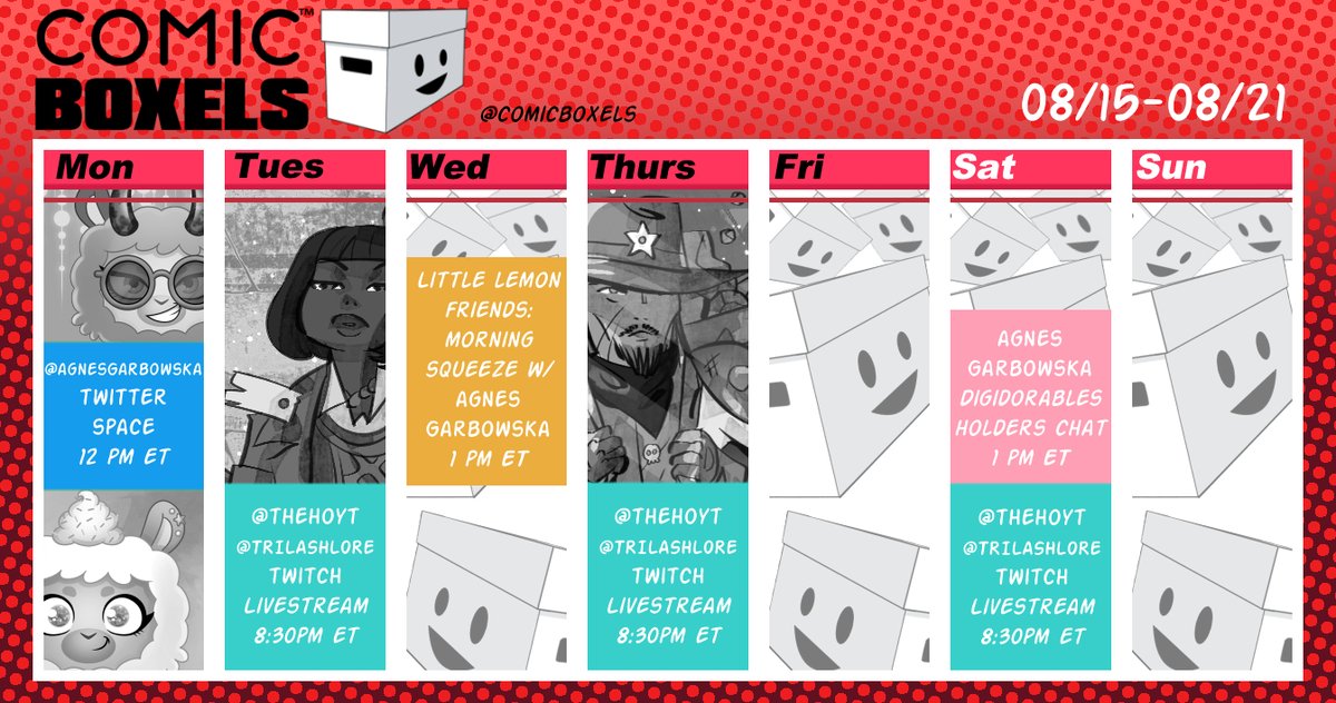 It's another full lineup of spaces, live draws, and <a href="/DigiDorables/">DigiDorables</a> holders sessions with the <a href="/comicboxels/">Comic Boxels NFTs - NOW MINTING</a> crew 🎉

Will we be seeing you this week? 👀