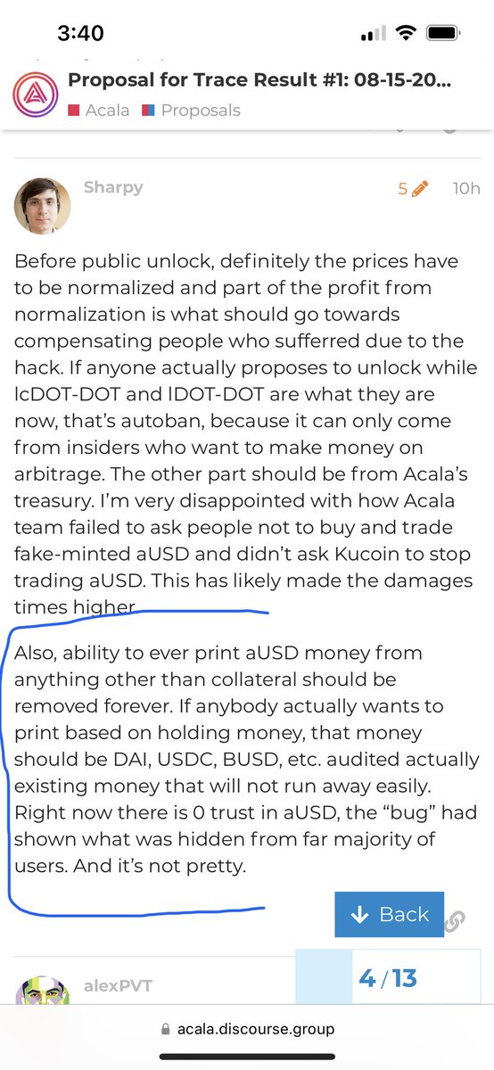 gbaciX's tweet photo. This is the biggest takeaway from the @AcalaNetwork incident.

“..ability to ever print aUSD money from anything other than collateral should be removed FOREVER”

I sincerely hope this is rectified. It completely obliterates trust in $aUSD if it can be minted without collateral. https://t.co/jMKKSD5Pmq