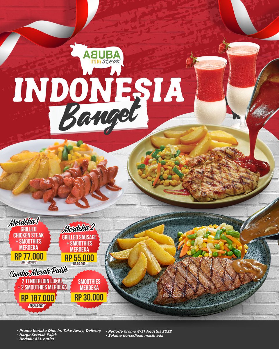 abubasteak_'s tweet photo. 🥳 Hari kemerdekaan masih besok sih, tapi perayaan di @abubasteak_ dari tgl 8 kemaren udah adaaa gaesss!
Dari pilihan menu berikut pasti ada favoritmu! Pilih, pilih, piliiiiihhhh ~
.
.
.
#abubasteak #abuba #itsmysteak #steakholic #steak #promo #17Agustus https://t.co/Dm6aFVlCAO