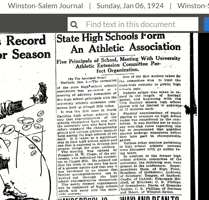 Did you know the @NCHSAA was formed on January 5, 1924? On the first day of business, high school games were limited to 12-minute quarters. Thank you NCHSAA. (That is older than me or @DiamontDavid.) @NCPreps @JournalNow @CarolinaPreps1 @MaNewsSports @GraniteBears @MACSchools