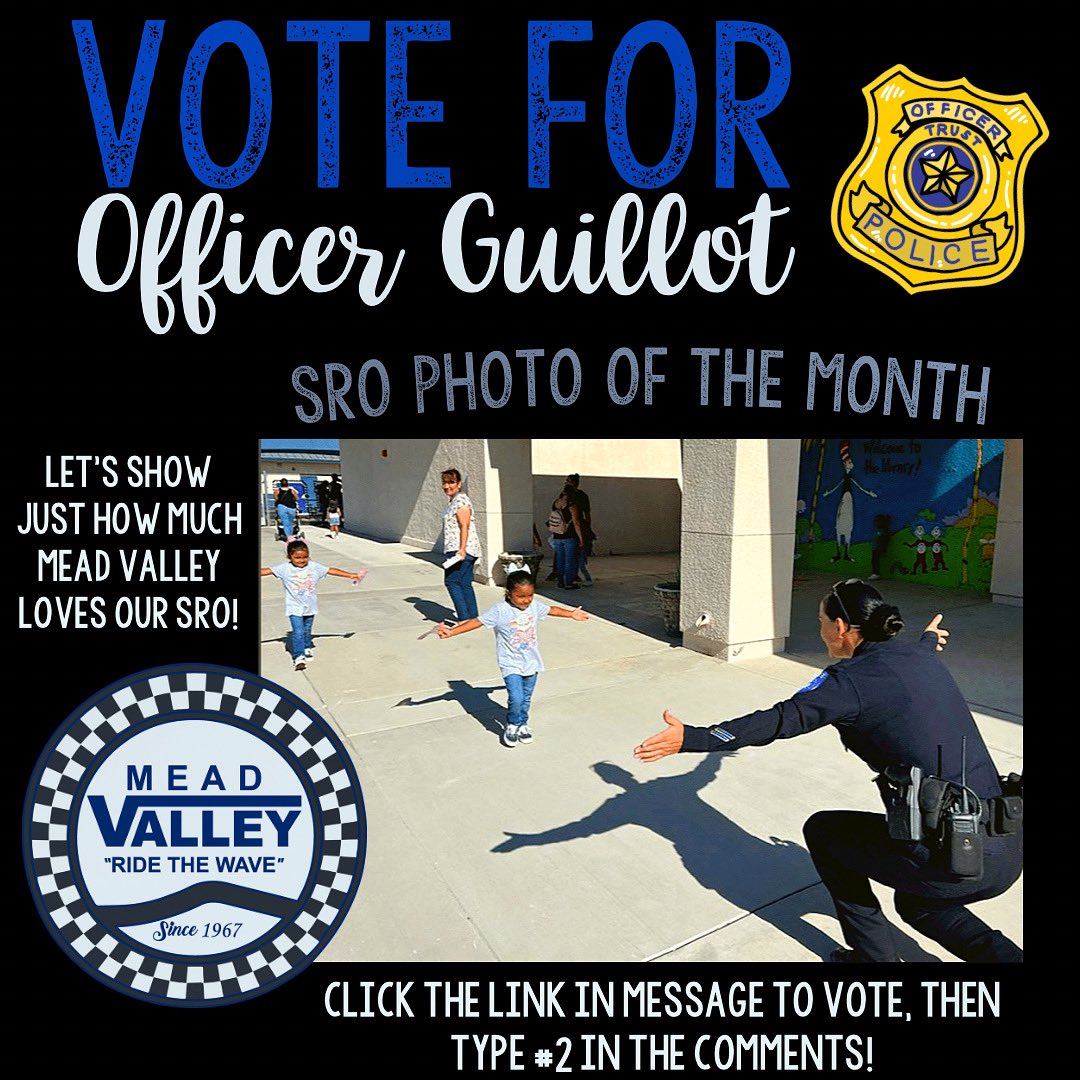 If you have Instagram, it's time to VOTE for our FAVORITE Mead Valley SRO, Officer Guillot!  She is without a doubt a perfect fit for MV, and always does a great job of keeping our kids safe.  Click the link to VOTE for Officer Guillot!

instagram.com/p/ChSa6CIsrt3/