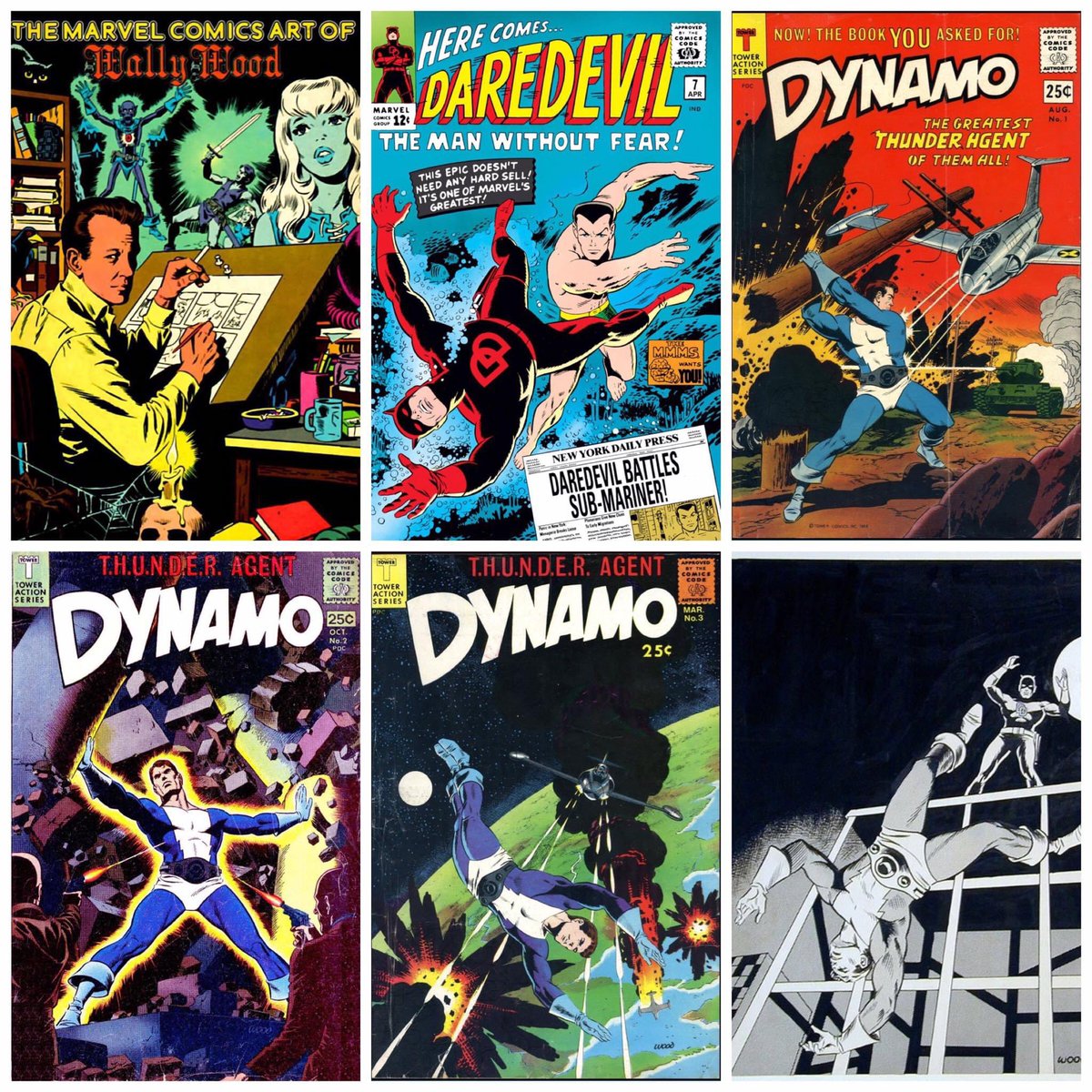 Comichistorians's tweet photo. #WallyWood designed #Daredevil's red costume &amp; his radar sense, 
increasing sales. Disagreements with #StanLee caused him to leave #Marvel for #TowerComics to do #ThunderAgents with #Dynamo in 1965, which folded in 1969. He then depicted Daredevil throwing Dynamo off a building. https://t.co/LMKYVnIfNh