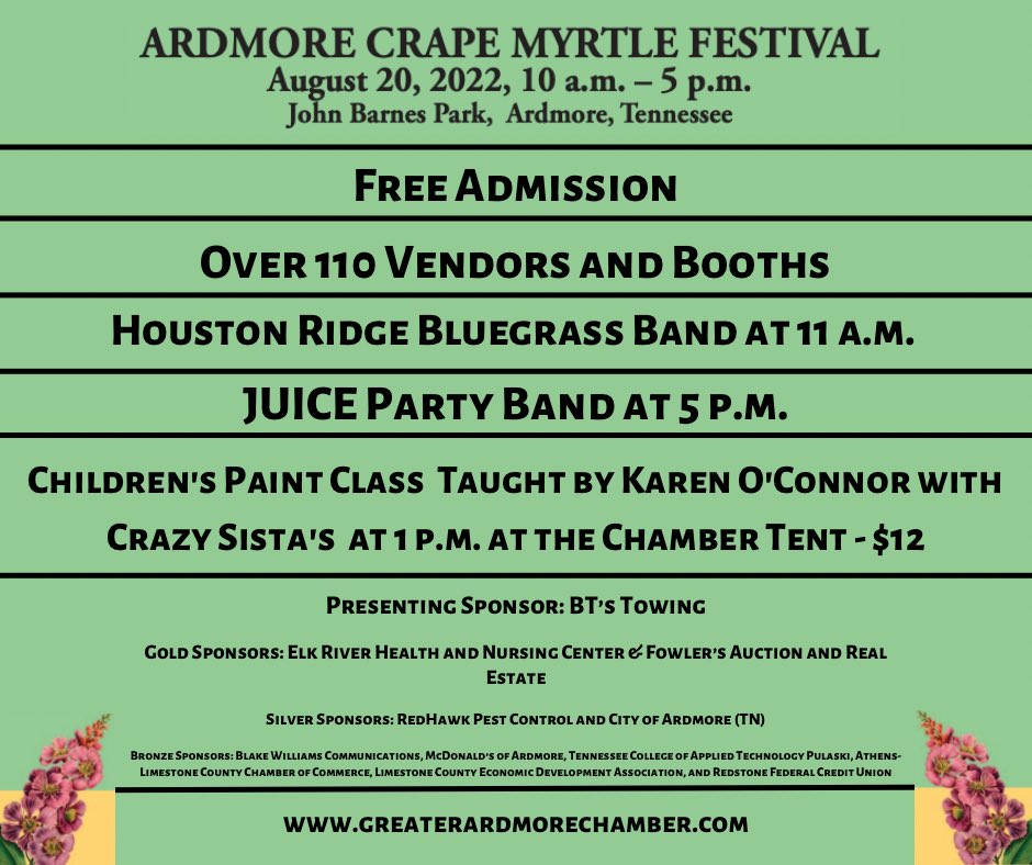 We’re excited for the 30th Annual Crape Myrtle Festival this weekend at John Barnes Park!

#livemusic #ardmore #festival #vendors #art #free #thingstodo #alabama #tennessee #visitnorthal #experiencetennessee #ardmorealabama #ardmoretennessee #fayetevilletn #pulaskitn