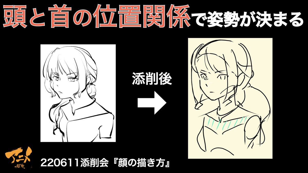 【頭と首の位置関係で姿勢が決まる】220611添削会より
https://t.co/qsjVdngVAJ
①首を真っ直ぐにすると姿勢が良くなり、かっこいい印象になる  
②頭の形を取っておくと髪の毛を乗せた時に安定感が出る 
③鎖骨と胸の間の隙間に注意する 
