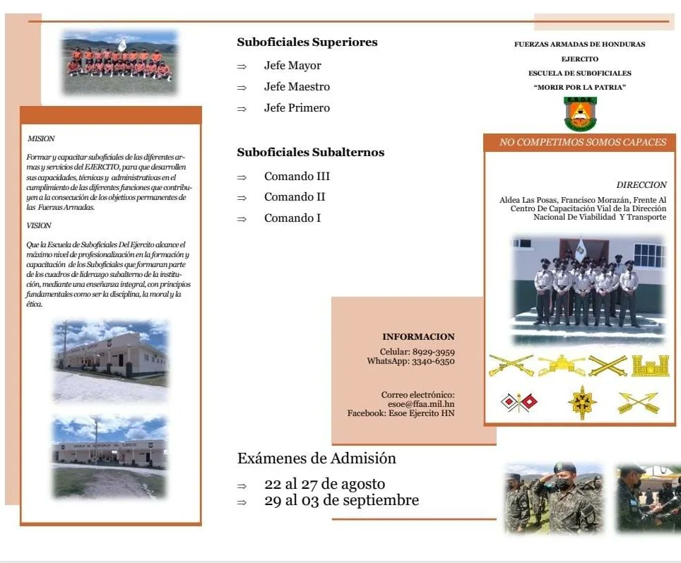 FFAAHN's tweet photo. #FFAA
La Escuela de Suboficiales del Ejército te invita a formar parte de sus estudiantes, a continuación te brindamos las nuevas fechas programadas para el proceso de admisión de la #ESOE
¡Preséntate y forma parte de este centro de formación militar! https://t.co/fzhc2Qm0Nv