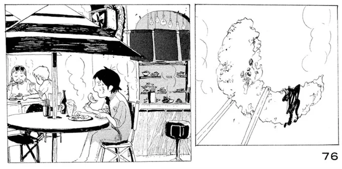 時折、別のお話に出てきた人たちがこっそり登場している宮崎夏次系作品。こちらは「昼休み」の1シーン。後ろにいる二人はあの兄弟。#変身のニュース #エミリのお兄ちゃん 