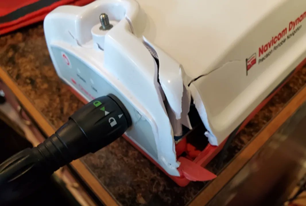 NavicomDynamics's tweet image. We wouldn&apos;t normally share an image of a damaged unit, but this story is too good to not share.
A 65ft fall onto a staircase followed by a tumble along a deck, and our #ChannelPilot #PPU still worked for the pilot navigating a ship into port. Talk about #quality! 🙌#marinepilots