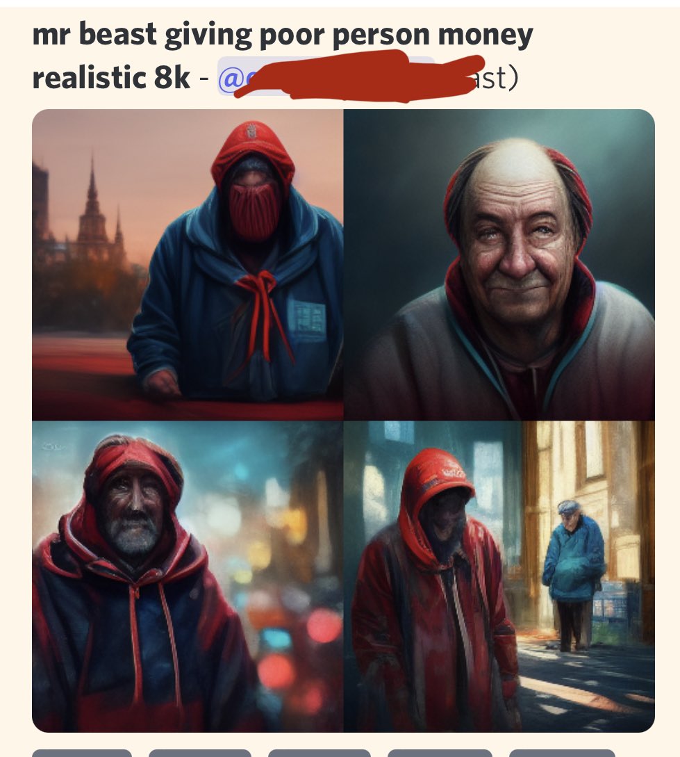 aslash304's tweet photo. I asked midjourney not what It thought @MrBeast giving a poor person money looked like and I found out that the midjourney bot needs to watch more YouTube https://t.co/9vsRdAdt6h