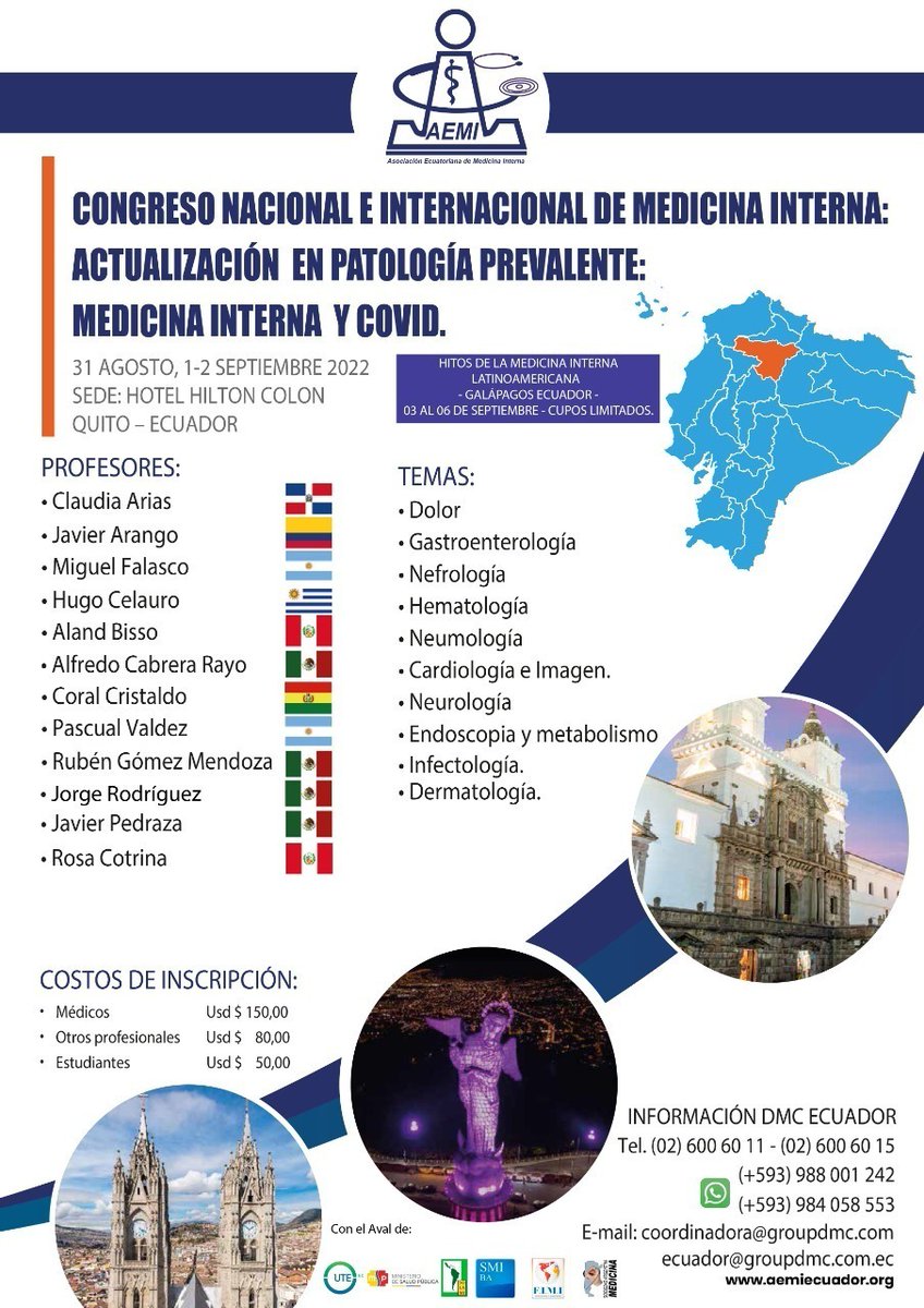 CMG (@cmguayas) on Twitter photo Un congreso con grandes ponentes de toda Latinoamérica para exponer temas de medicina interna y COVID, invaluable para nuestros médicos. Congreso nacional e internacional de Medicina Interna.
Para inscribirte contáctate al: 0988001242 o al mail: coordinadora@groupdmc.com Un congreso con grandes ponentes de toda Latinoamérica para exponer temas de medicina interna y COVID, invaluable para nuestros médicos. Congreso nacional e internacional de Medicina Interna.
Para inscribirte contáctate al: 0988001242 o al mail: coordinadora@groupdmc.com
