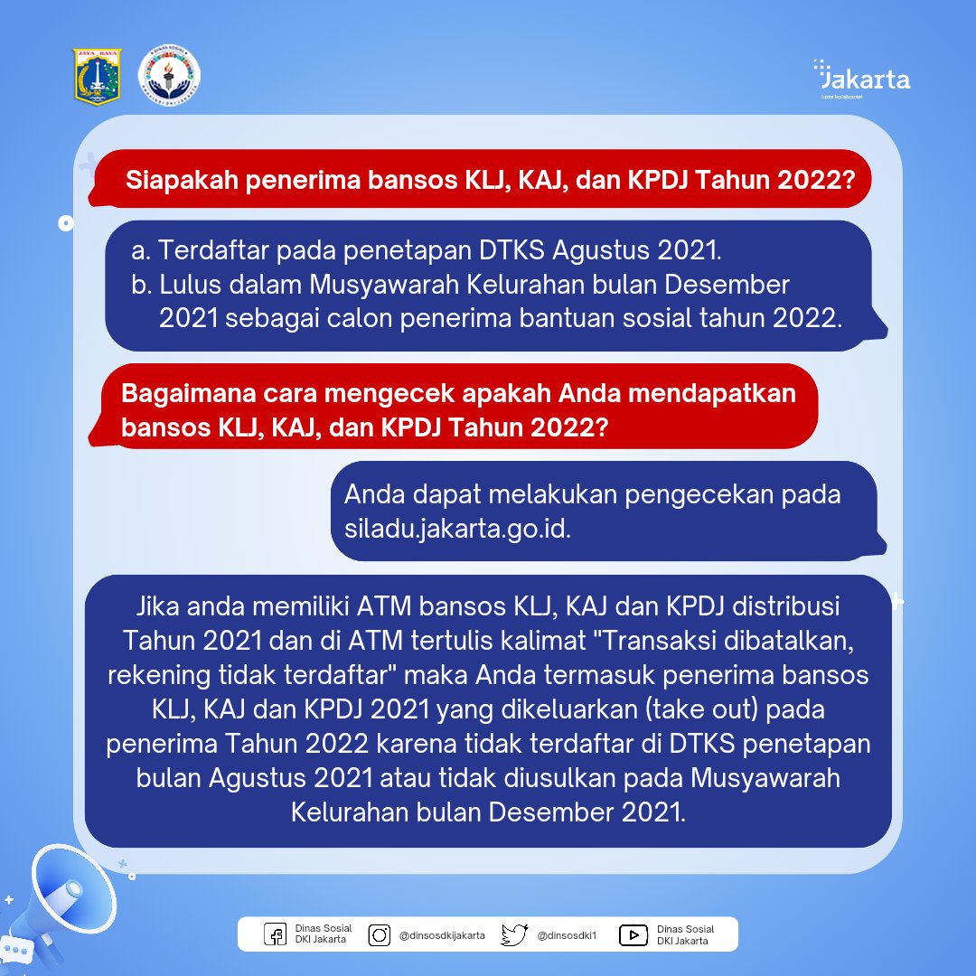 DinsosDKI1's tweet photo. Hai #KawanSosial berikut informasi terkait pencairan dana bantuan sosial (bansos) KLJ, KPDJ dan KAJ.
Silahkan disimak ya 😉
@aniesbaswedan
@arizapatria
@dkijakarta
#dinsosdki #pskb #jagajakarta #jakartalawancovid19 https://t.co/KQfLIuS5ic