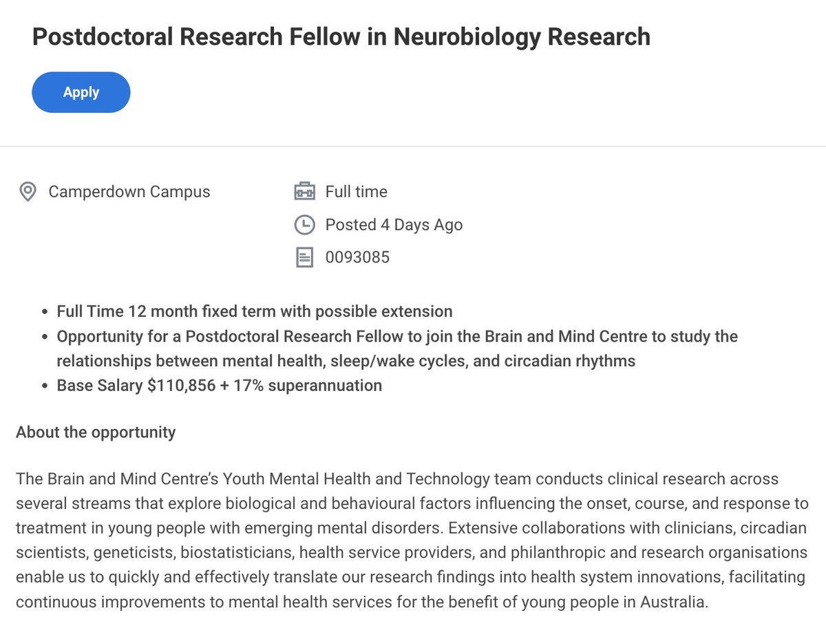 Jake Crouse (@jacobjcrouse) on Twitter photo We are looking for a research fellow to join our team <a href="/BrainMind_Usyd/">Brain & Mind Centre</a>, with a focus on sleep and circadian rhythms in youth mental health! 😴⏰🧠
If this is you, please apply by August 25!
usyd.wd3.myworkdayjobs.com/USYD_EXTERNAL_…
Please retweet!
<a href="/ian_hickie/">Ian Hickie</a> <a href="/syd_health/">Sydney Health</a> <a href="/IEPAnetwork/">IEPA</a> <a href="/SMHR/">SMHR</a> We are looking for a research fellow to join our team <a href="/BrainMind_Usyd/">Brain & Mind Centre</a>, with a focus on sleep and circadian rhythms in youth mental health! 😴⏰🧠
If this is you, please apply by August 25!
usyd.wd3.myworkdayjobs.com/USYD_EXTERNAL_…
Please retweet!
<a href="/ian_hickie/">Ian Hickie</a> <a href="/syd_health/">Sydney Health</a> <a href="/IEPAnetwork/">IEPA</a> <a href="/SMHR/">SMHR</a>