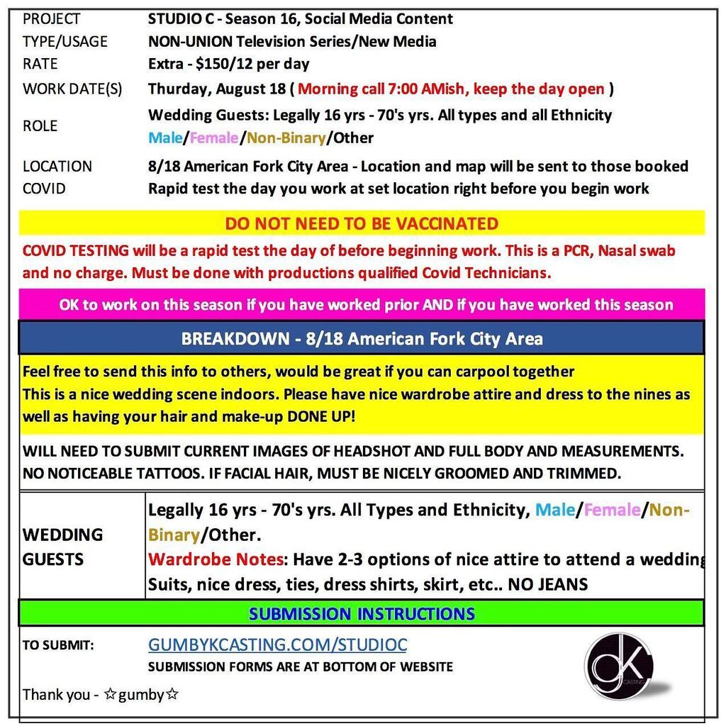 gumbykcasting's tweet photo. ⚡️💍💒👰🏻‍♀️👰🏾‍♀️👰🤵🏾‍♂️🤵🏼‍♂️🤵🏼⚡️
Studio C, TV series Season 16, Social Media Content

Extras $150/12 per day 
8/18 Thurs. in American Fork area. 

Wedding Guests 16-70’s years of age, all types and Ethnicities. Male/Female/Non-Binary/Other.

More details in… https://t.co/54P51NodHu https://t.co/PSOlYHo6nG