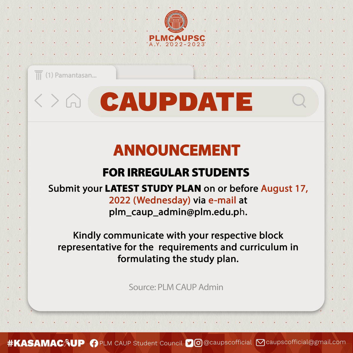 casbescofficial's tweet photo. 𝗔𝗡𝗡𝗢𝗨𝗡𝗖𝗘𝗠𝗘𝗡𝗧: For Irregular Students

Submit your latest study plan on or before August 17, 2022 (Wednesday) via e-mail at plm_caup_admin@plm.edu.ph.

#CAUPdate
#KasamaCAUP
#CAUPSC2023 https://t.co/5uDHFdvdxv