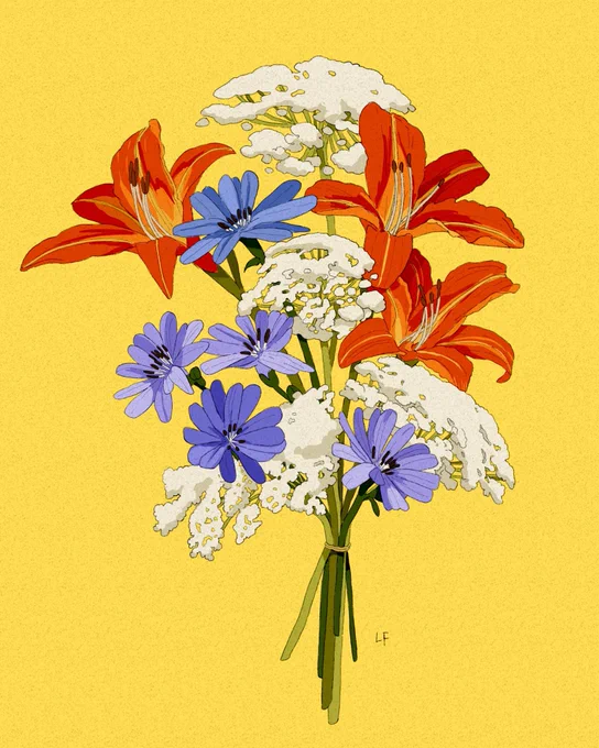 Day lilies, chicory, and queens lace commish 