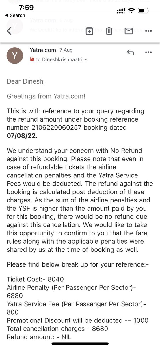 Dkrishnaatri's tweet photo. @YatraOfficial my flight got cancelled by @allianceair due to technical problems in the plane on 2nd July for which a full refund was committed to me by the airline. I have been chasing you guys for 45 days now and there is no refund initiated till date and I am getting no help. https://t.co/38uyGf0pPB