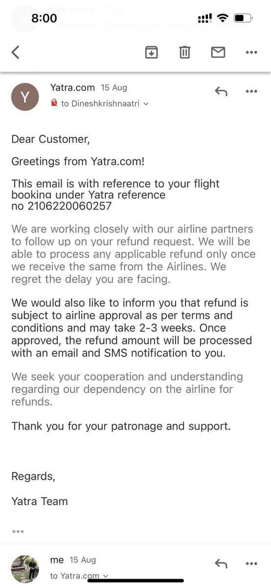 Dkrishnaatri's tweet photo. @YatraOfficial my flight got cancelled by @allianceair due to technical problems in the plane on 2nd July for which a full refund was committed to me by the airline. I have been chasing you guys for 45 days now and there is no refund initiated till date and I am getting no help. https://t.co/38uyGf0pPB