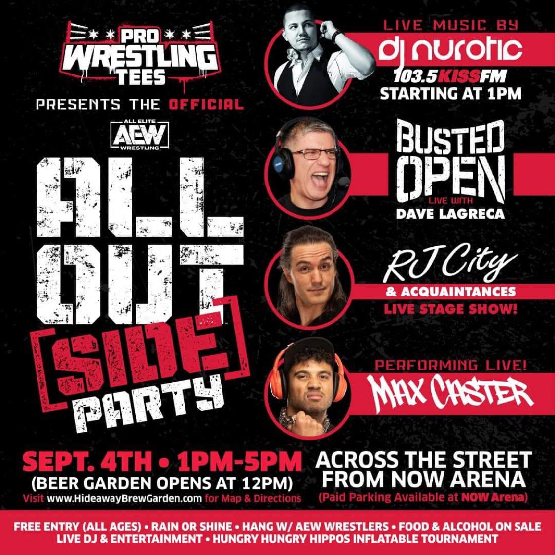 DJNurotic's tweet photo. I’m DJing the @AEW #AllOut pre party, #AllOutSide, again this year! The line up is stacked! It’s so cool being on a line up with @PlatinumMax @davidlagreca1 @DanhausenAD @QTMarshall @RJCity1 and more! Definitely add this on your to do list! https://t.co/Zr68A0Y1zk