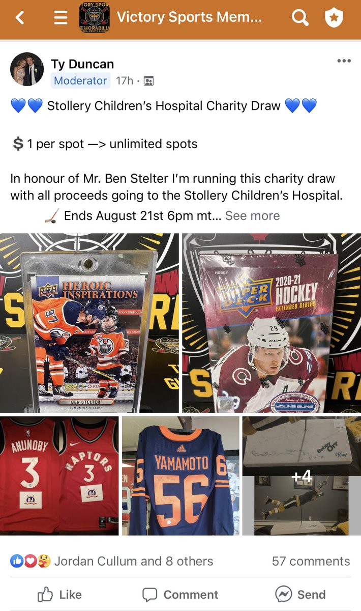 Duncs16's tweet photo. 💙Charity Draw —> Stollery Children’s Hospital💙

$1/spot (unlimited spots) Over $1,160 raised so far!! Ends: Aug 21
Great prizes to be won including signed jerseys/pucks, hockey cards, etc… 

Reach out to myself or join the facebook group to enter! 
Victory Sports Memorabilia https://t.co/szBkGHi2Rs