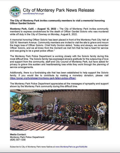 alhambrausd's tweet photo. #AUSD joins the #CityOfMontereyPark in mourning the loss of beloved #MPPD Officer #GardielSolorio: A memorial honoring Officer Solorio is set in front of Monterey Park City Hall 320 W. Newmark Avenue. Community members are invited to visit the site to honor Officer Solorio. 💙🙏 https://t.co/u52sjRGhmK