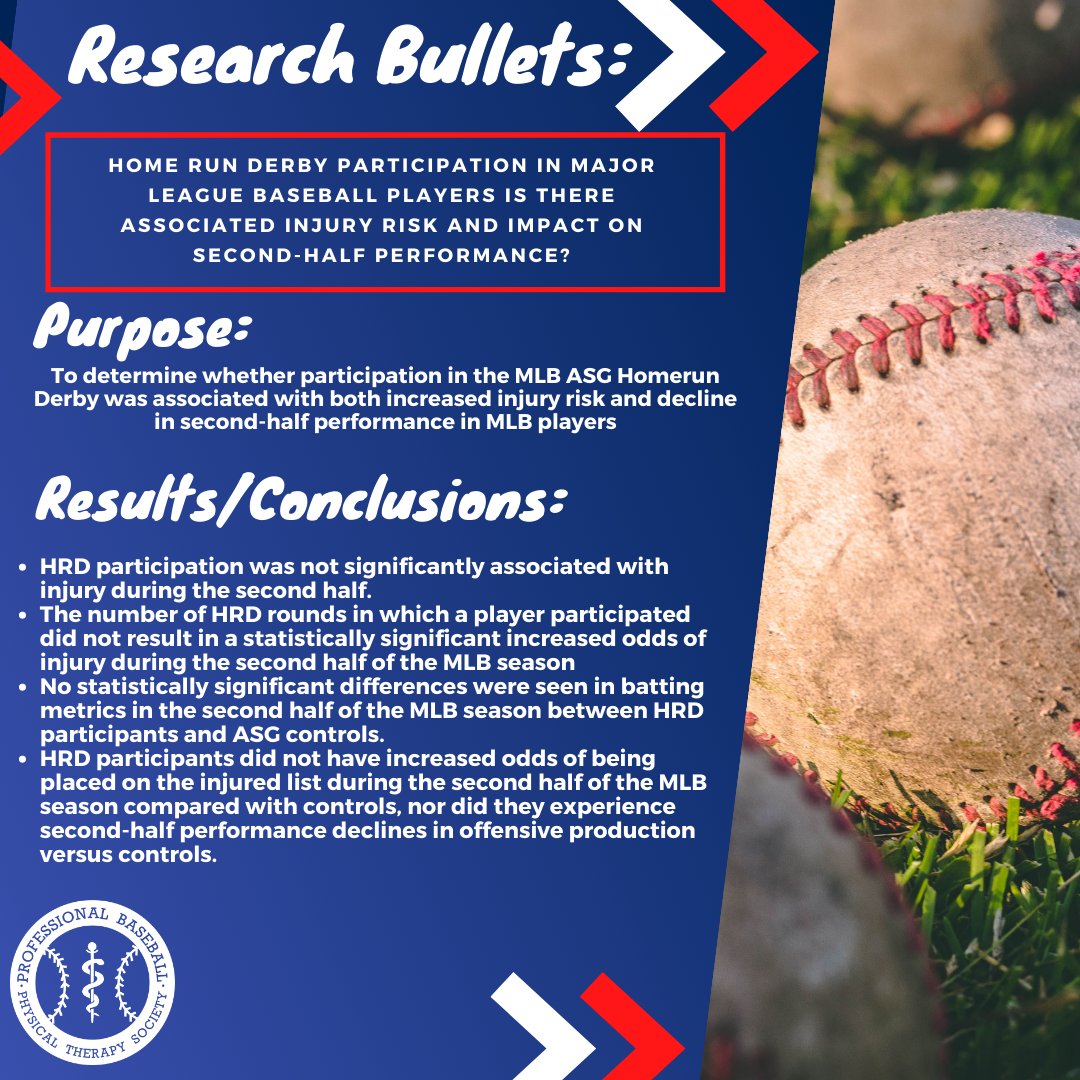 PBPTS1's tweet photo. Does participation in the MLB ASG HRD lead to an increased risk of injury and/or decreased performance during the second half of the MLB season?

Check out this research bullet to learn more

https://t.co/tTD8p05u86 https://t.co/yx1l0hQjag
