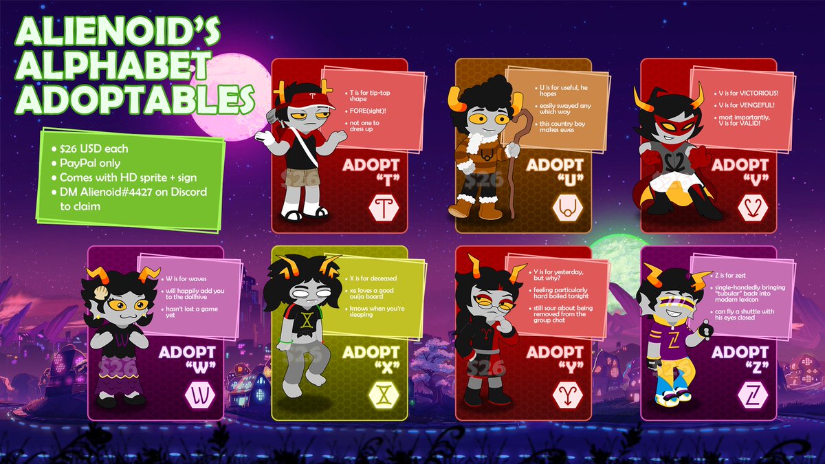 AlienoidNovace's tweet photo. I made 26 alphabet-themed fantroll adoptables. $26 USD each, DM Alienoid#4427 on Discord to claim!
These bullet points are just to get you started and can be changed freely, but I'd prefer it if the designs stayed the same.
#homestuck #fantroll #adoptable #trollcall https://t.co/JMTY3LGXwG